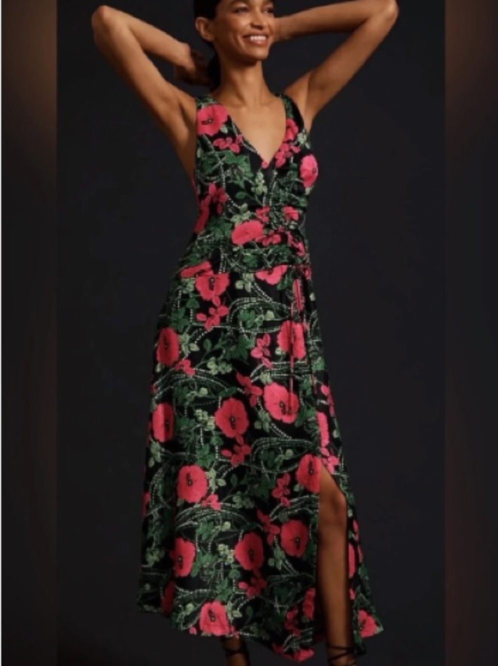 Maeve by Anthropologie Floral Maxi Dress Black Pink Green Sleeveless Size 4